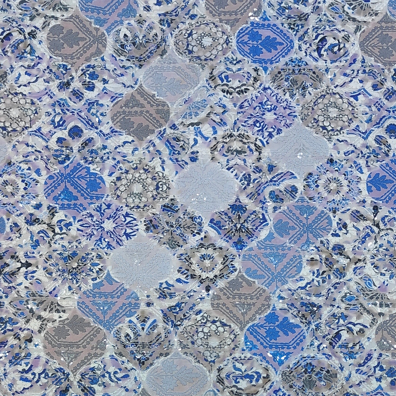 Kurta Fabric ManTire Designer Silk Moroccan Tile Patchwork Colour Indigo Blue N Periwinkle Lavender
